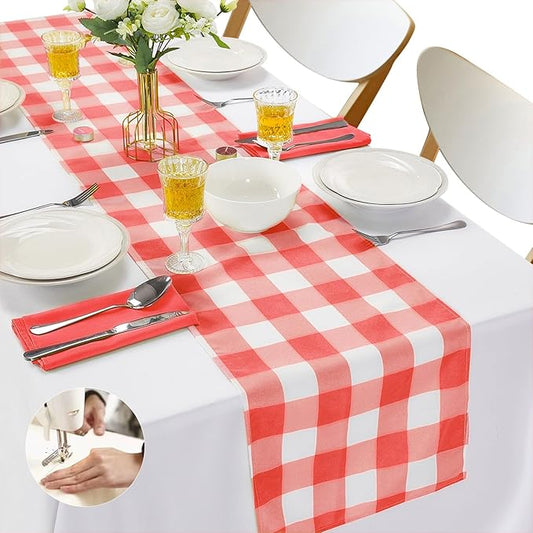 Fabric Checkered Table Runner 12 Pack Waterproof Gingham Table Runner 14W x 108L Buffalo Check Table Runners for Parties Kitchen Dining Wedding Banquet (Red and White)