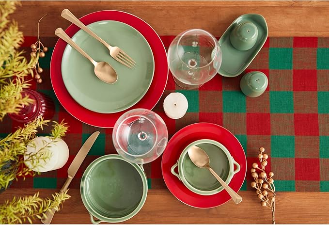 Solino Home Linen Checkered Table Runner 132 Inches Long - 100% Pure Linen Red and Green Buffalo Check Extra Long Table Runner 14 x 132 Inch Ideal for Dining