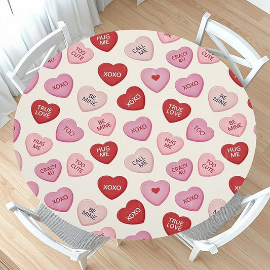 Valentines Day Round Fitted Tablecloth with Elastic Pink Red Love Hearts Circle Table Cloth for 40-44" Round Tables Wipeable Waterproof Valentines Decorative Table Cover for Picnic Dining Party Decor