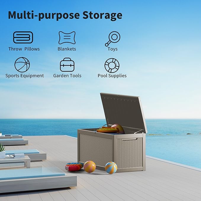 320 Gallon Resin Deck Box, Waterproof Outdoor Storage Box for Patio Furniture Cushions, Garden Tools, and Pool Accessories, Large Lockable UV-Resistant Storage Bin Bench Cabinet for Outside, Grey