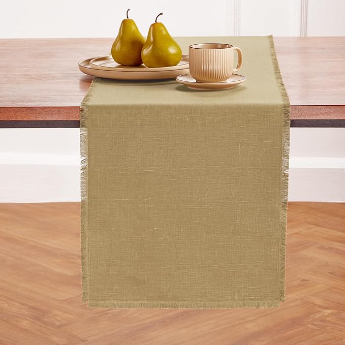 Solino Home Fringe Linen Table Runner 108 Inches Long - 100% Pure Linen Kelp Dining Table Runner 14 x 108 Inch for Spring - Handcrafted and Machine Washable