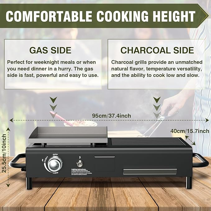 Tabletop Propane & Charcoal Grill Combo, 12,000 BTU Dual Fuel Flat Top Griddle with Dual Lids, 2 Side Shelves & Cast Iron Cooking Area – Compact BBQ Grill for Patio, Camping, and Small Outdoor Spaces