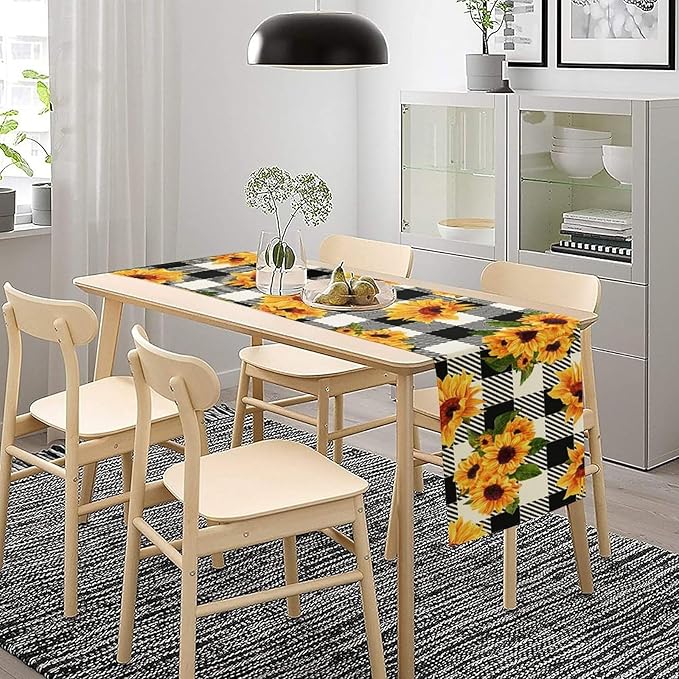 Yellow Sunflower Table Runner, Vintage Farmhouse Black White Sunshine Sunflowers Print for Autumn Farmhouse Home Kitchen Table Decoration,13x60inch