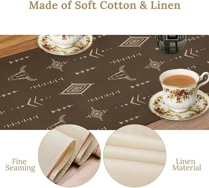 Western Cow Skull Table Runner,Vintage Boho Aztec Cow Ethnic Pattern Printed Table Runner for Home Kitchen Dining Farmhouse Coffee 13x70in