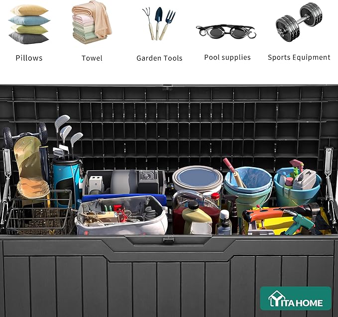 YITAHOME 100 Gallon Outdoor Storage Box, Large Water Resistant Resin Deck Box, Indoor Outdoor Lockable Storage Container for Patio, Garden, Cushions, Tools, Equipment (Dark Gray)