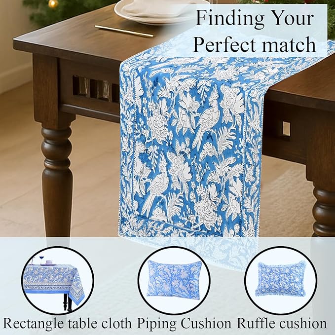 CPC Cotton Table Runner 16x90 Inch Block Printed Long Fall Table Runner for Dining Table, Card Table, Coffee Table, Wedding, Farmhouse & Outdoor Barbeque-Blue Sapphire