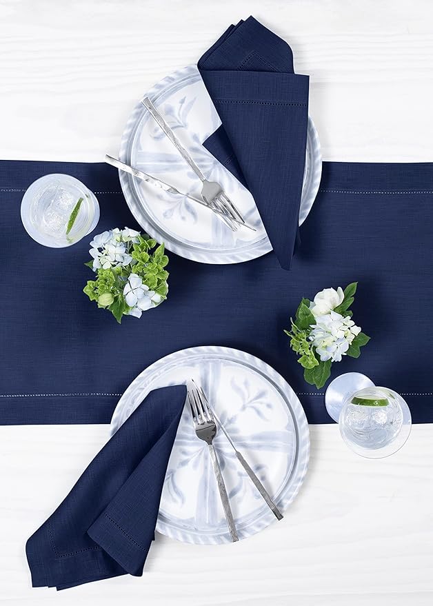 Solino Home Linen Navy Blue Table Runner 90 Inches Long - 100% Pure Linen Hemstitch 14 x 90 Inch Table Runner for Dining, Easter - Classic Hemstitch