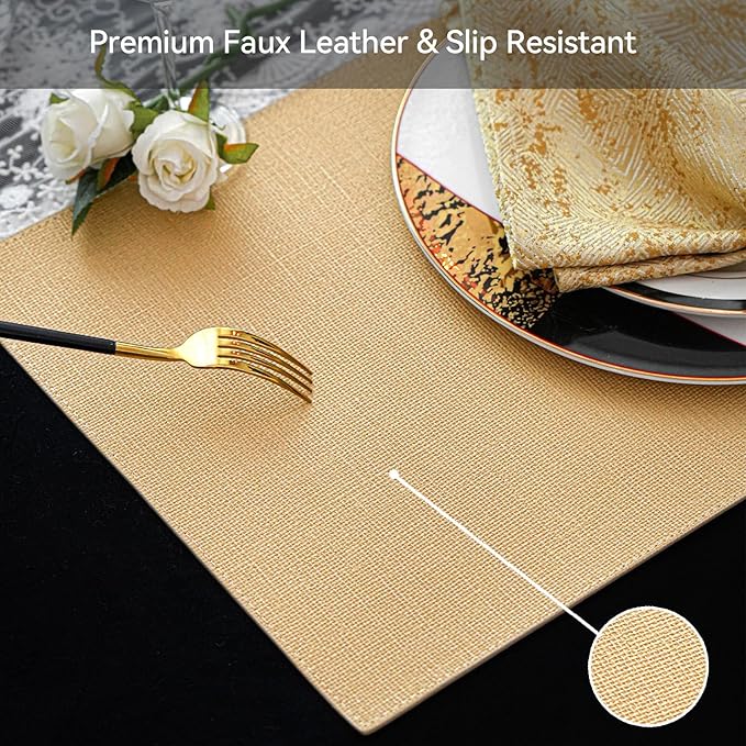 Gold Placemats Set of 4 - Waterproof Washable Wipeable Faux Leather Place Mats - Heat Resistant PU Table Mats for Dining Table Decoration Indoor Outdoor - 18x13 Inch