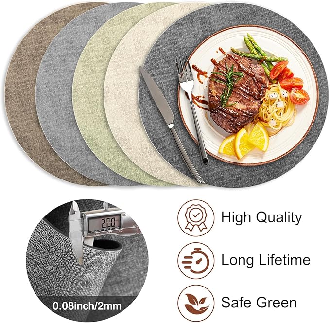 Round Faux Leather Placemats and Coasters, Set of 8, Reversible Heat Resistant Non-Slip Table Mats, Waterproof Wipeable Place Mats for Dining Table, Washable for Indoor & Outdoor (8, Dark Grey)