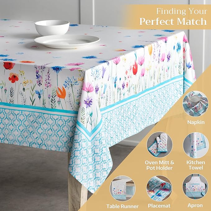 Maison d' Hermine Table Cloth Rectangle Table 100% Cotton 60 x 108 Inches Tablecloth Reusable for Dining Room, Farmhouse, Home, Party, Festive & Wedding Spring Summer - Flower in The Field