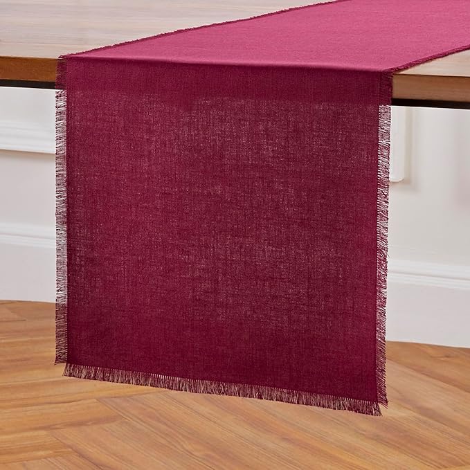 Solino Home Linen Beet Table Runner 72 Inches Long - Fringe, 100% Pure Linen Dining Table Runner 14 x 72 Inch for Valentines, Winter