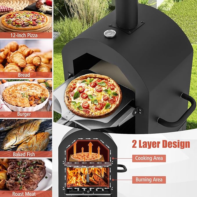 Giantex Wood Fired Pizza Oven with Pizza Stone, Peel, Waterproof Cover, Cooking Grids, Wheels for Outside Camping, Outdoor Backyard Party (64 Inch)