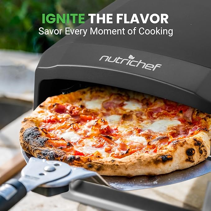 NutriChef Portable Outdoor Gas Pizza Oven - Unique Design, Easy Bake Oven with Pizza Stone, Foldable Feet, One-Touch Gas Ignition, Adjustable Heat Control, Stainless Steel, 932°F Max