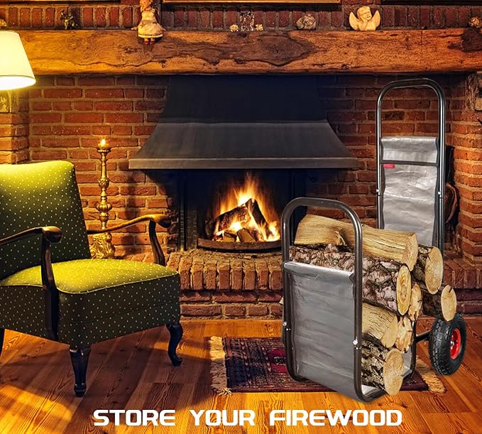 Firewood Cart with Pneumatic Wheel: 44 X 27 X 20 in Heavy Duty 220 lbs Load for Garden Backyard Fireplace Men Women Use