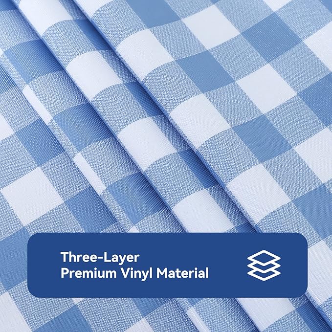 Romanstile Rectangle Vinyl Tablecloth, 100% Waterproof Buffalo Gingham Plastic Table Cloth, Heavy Duty Wipeable Checkered Table Covers for Outdoor, Camping, Picnic, Patio - 52 x 70, Light Blue
