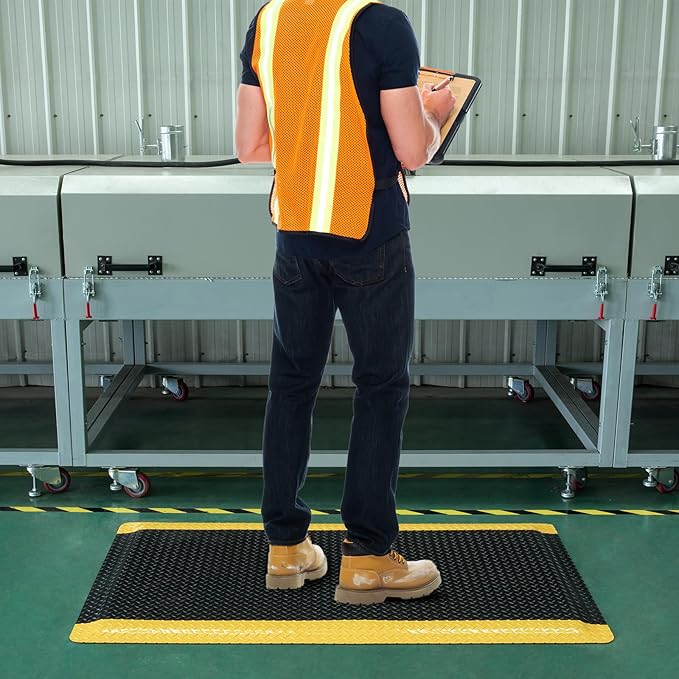 3' x 5' ESD Anti-Fatigue Conductive Mat, Durable Heavy Duty Diamond Plate, Soft Sponge Ergonomic Mat, Non Slip Waterproof Floor Mats for Commercial&Industrial Work, Thick 3/4” Black with Yellow Border