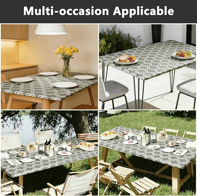 Rectangle Picnic Table Cloth, Elastic Waterproof Fitted Vinyl Tablecloths for 4 Foot Tables, Wipeable Flannel Backed Table Covers for Dining, Camping, Outdoor(Grey,24"x48")