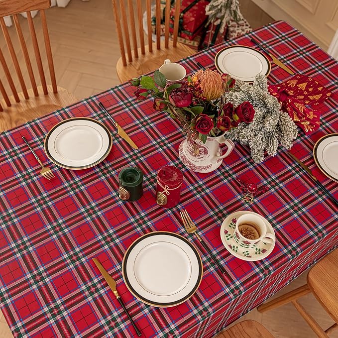 Romanstile Christmas Plaid Rectangle Vinyl Tablecloth, 100% Waterproof Checkered PVC Table Cloth, Heavy Duty Xmas Gingham Plastic Table Cover for Dining, Party, Holiday Decor - 54 x 78 Inch, Red