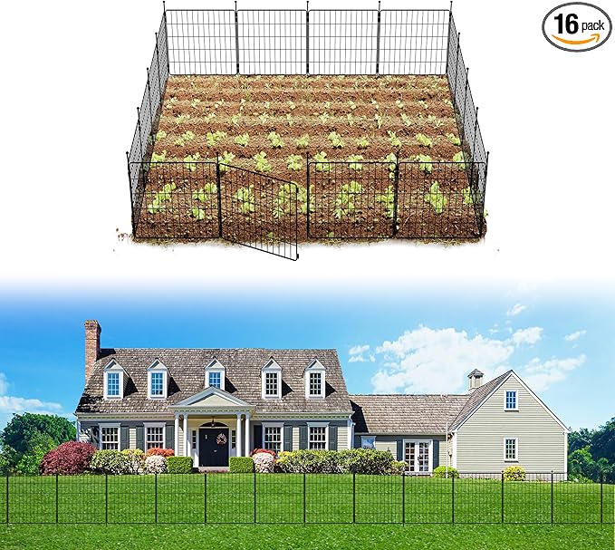 FXW Decorative Garden Fence for Yard - 24in(H) x 29.6ft(L) 16 Panels - Metal Fencing Panels - Animal Barrier Border for Dogs & Rabbits, Flower & Plant Edging