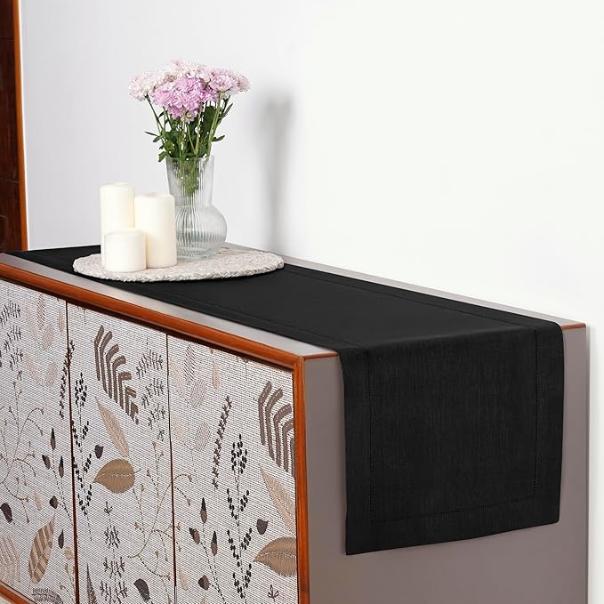 D'Moksha Homes Linen Black Table Runner 36 Inches - 100% Pure Linen Small Table Runner 14 x 36 Inch Ideal for Dresser, Coffee Tables, Spring, Easter - Classic Hemstitch