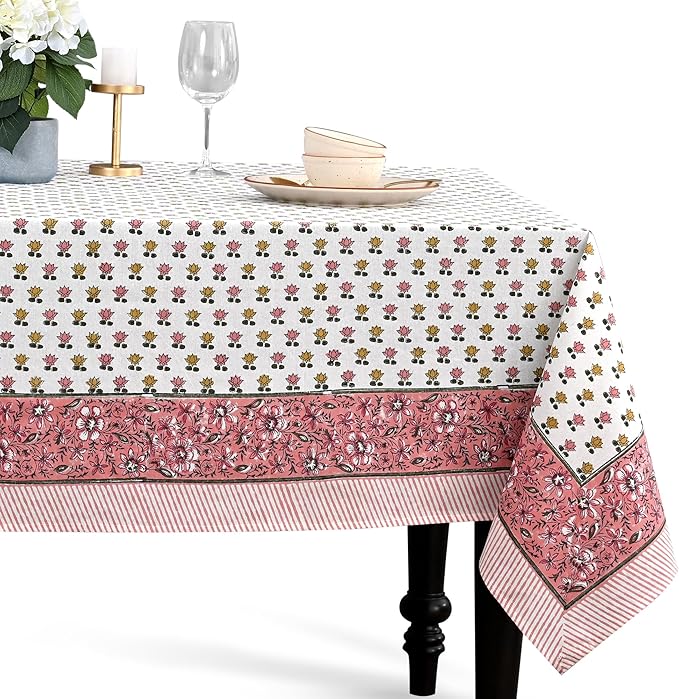 CPC Rosette Bloom Tablecloth 100% Cotton 70x108 Inch Indian Block Print Rectangle Table Cover, Table Cloth for Gifting in Weddings, Halloween, Fall, Christmas, Thanksgiving