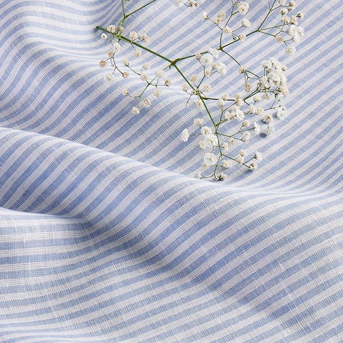 Solino Home Linen Table Runner 60 Inches - Narrow Stripe 100% Pure Linen Cornflower Blue and White Farmhouse Table Runner 14 x 60 Inch Ideal for Dresser and Coffee Tables - Winter, Spring, Easter