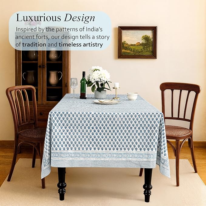 CPC Tablecloth 100% Cotton 70x108 Inch Indian Block Print Rectangle Table Cover, Blue Table Cloth for Weddings, Spring/Summer, Barbeque - Apatite Blue