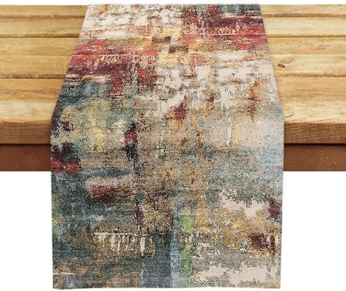 OYIMUA Modern Abstract Rust Colorful Table Runner 13 x 36 Inches Summer Runners for Tables Rustic Spring Fall Decorations for Home Indoor Outdoor Table Decor