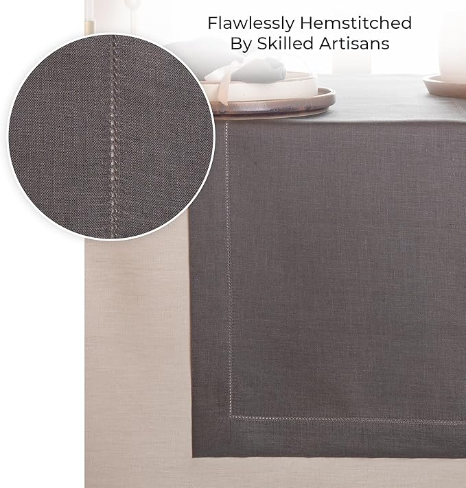 D'Moksha Homes Linen Charcoal Grey Table Runner 36 Inches - 100% Pure Linen Small Table Runner 14 x 36 Inch Ideal for Dresser, Coffee Tables, Spring, Easter - Classic Hemstitch