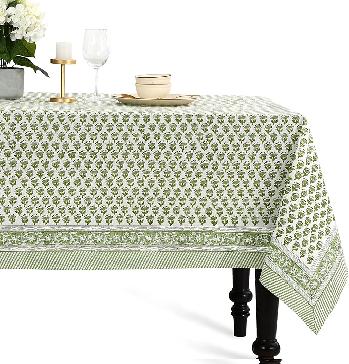 CPC Tablecloth 100% Cotton 72x190 Inch Indian Block Print Rectangle Table Cover, Green Table Cloth for Weddings, Spring, Easter, Valentines- Emerald Green
