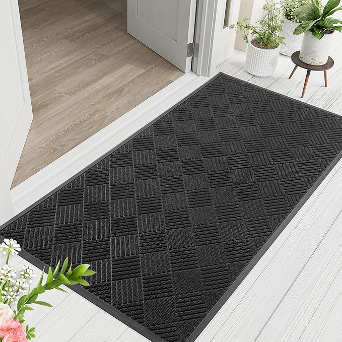 Indoor Outdoor Door Mat, 4’x 2' Doormat for Entryway, Rubber Backing Non Slip Front Door Mat Outside Entrance, Super Absorbent Commercial Floor Mat for Home Office, Black