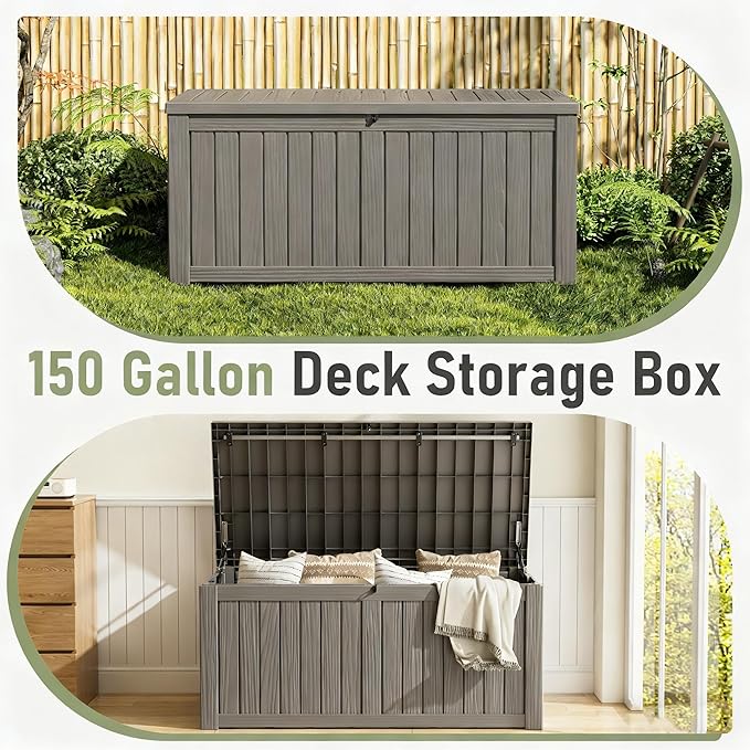 Outdoor Storage Box, Resin Deck Boxes Indoor and outdoor, Waterproof Storage Box Lockable Lid (Grey, 150 Gallon)
