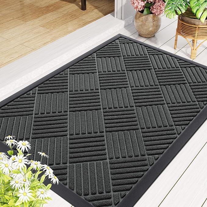 Smiry Front Door Mat Outside Entrance, Heavy Duty Outdoor Indoor Natural Rubber Doormat, Non Slip, Trap Dirt and Moisture, Easy Clean, Low Profile Patio Porch Entryway Mat, 71x23, Black