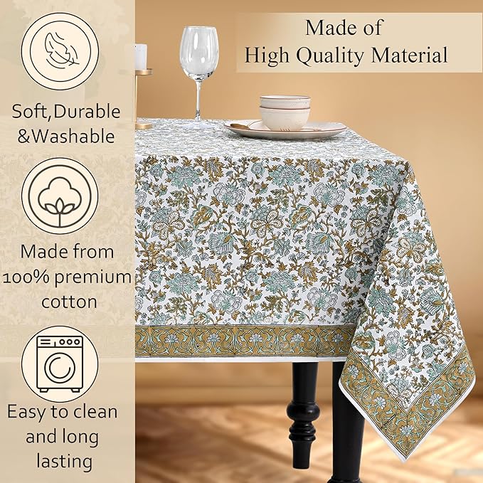 CPC Tablecloth 100% Cotton 60x60 Inch Indian Block Print Square Table Cover, Table Cloth for Weddings, Spring/Summer, Barbeque - Harvest Bloom