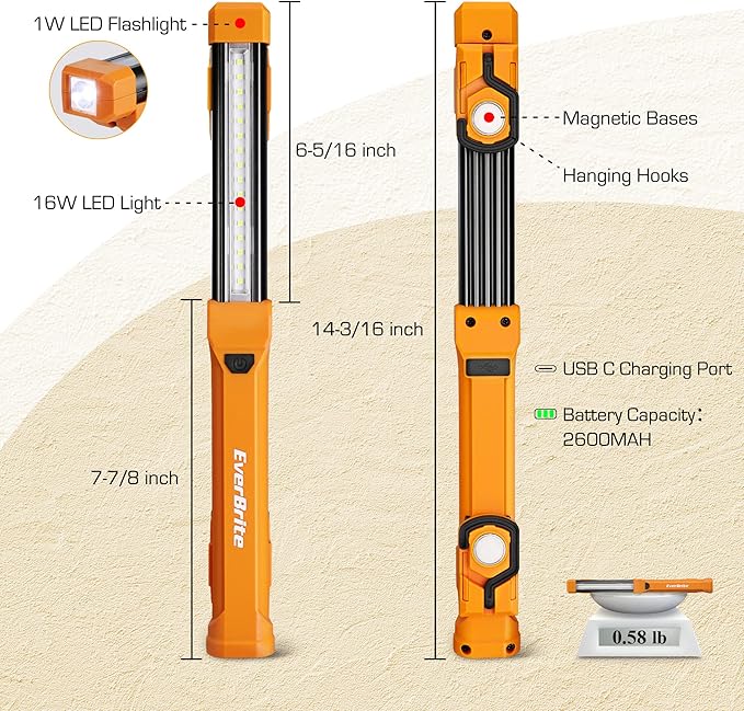 EverBrite 1000LM LED Work Light, Rechargeable Work Light for Mechanics with Dual Magnetic Bases&Hanging Hooks, 4 Lighting Modes, USB C Cable, for Car Repairing, Working, and Hurricane, Pack of 1