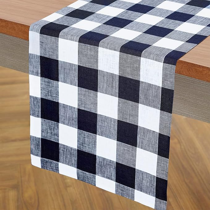 Solino Home Checkered Linen Table Runner 36 Inches - 100% Pure Linen Navy and White Buffalo Check Table Runner 14 x 36 Inch Ideal for Dresser and Coffee Tables - Winter