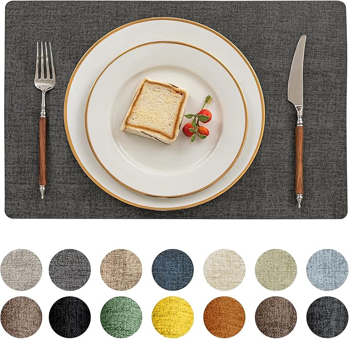 Romanstile Vinyl Placemats Set of 12-12 X 17 Inch - Heat Resistant Place Mats 100% Waterproof Oilproof Wipeable Reversible Faux Leather Table Mats for Kitchen, Dining, Party, Outdoor, Charcoal