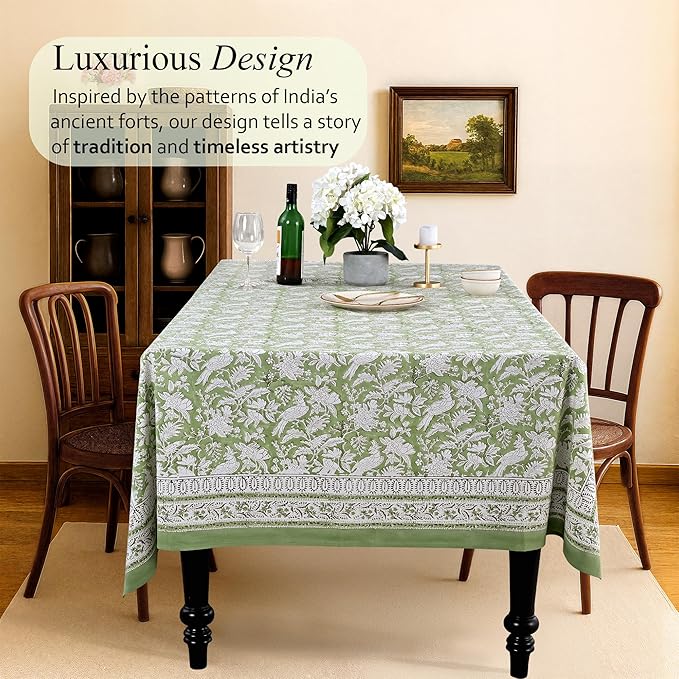 CPC Cotton Tablecloth 80x120 Inch Rectangle Indian Block Print Tablecloth- Green Washable Wedding Table Cover for Thanksgiving/Christmas- Olive Green