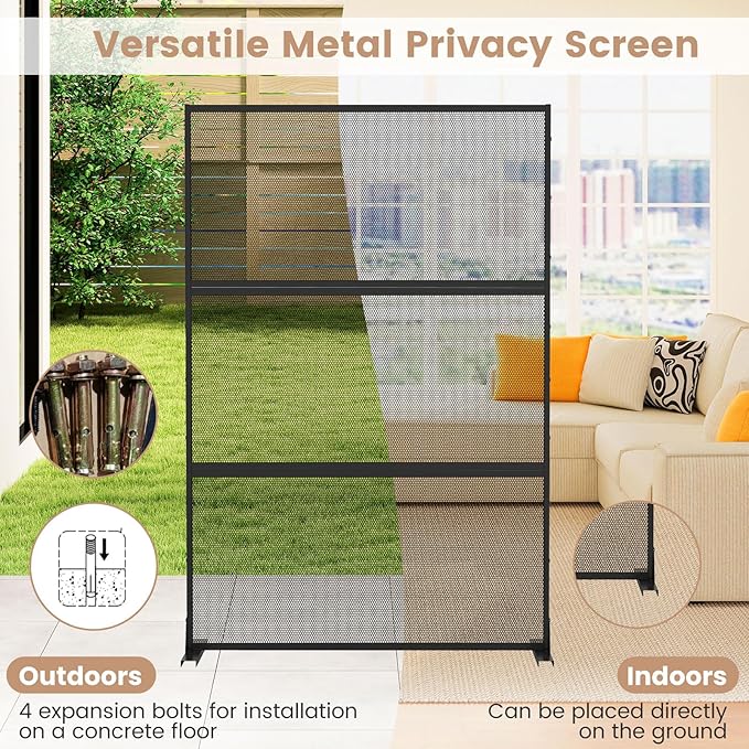 Giantex Metal Privacy Screen 72''H x 48''W, Powder-Coated Decorative Outdoor Fence Panel, Wall Divider for Room Separation, Freestanding Patio Divider with H-Shaped Base for Yard (Mesh Pattern)