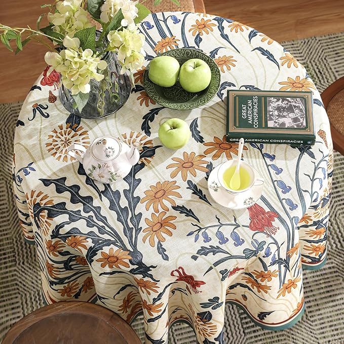 French Vintage Small Round Tablecloth,Linen Tablecloth with Gold and Red Floral Pattern,Decorative Table Cover for Kitchen,Dining,Thanksgiving,Party,Living Room,Diameter 55"-Tijuana