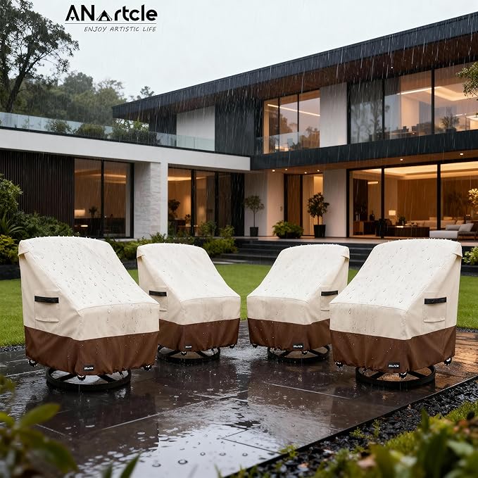 Swivel Patio Chair Cover 4 Pack,600D Waterproof Heavy Duty Outdoor Chair Cover(33 W x 35 D x 36 H inches),Patio Furniture Covers,Outdoor Furniture Covers Waterproof,Beige&Brown