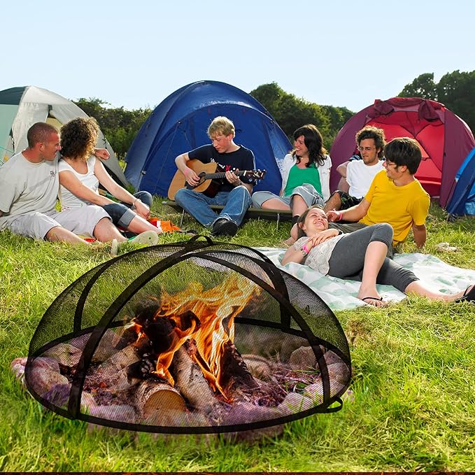 WeCooper 30In Round Fire Pit Spark Screen Cover, Outdoor Patio Easy-Opening Fire Pits Mesh Screen, Heavy Duty Steel Firepit Ember Lid with Hinge