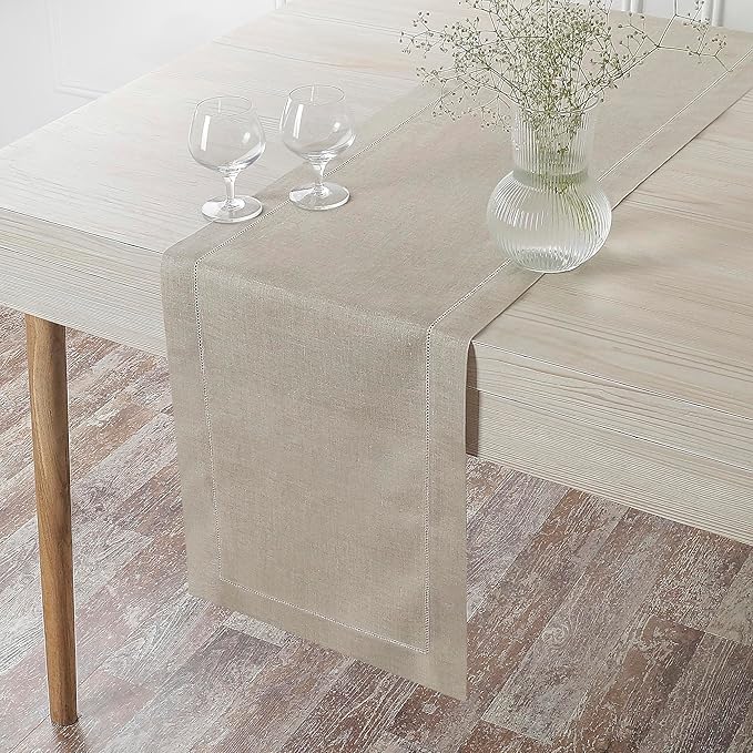 D'Moksha Homes Linen Natural Table Runner 48 Inches - Classic Hemstitch, 100% Pure Linen Coffee Table Runner 14 x 48 Inch Ideal for Dresser Tables, Valentines, Spring, Easter