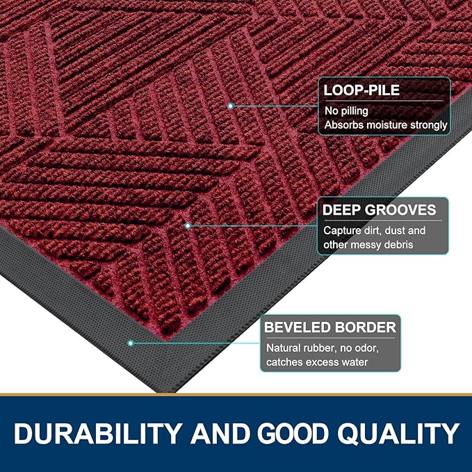 Smiry Front Door Mat Outside Entrance, Heavy Duty Sturdy Natural Rubber Doormat, Trap Dirt and Moisture, Easy Clean Low Profile Mats for Indoor Outdoor Entry, Irregular Triangle (47x32, Deep Red)