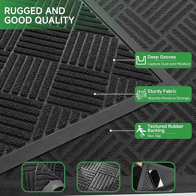 Front Door Mat, Heavy Duty Indoor Outdoor Doormat, 72" x 24" Low Profile Outdoor Mats for Home Entrance, Stain and Fade Resistant Welcome Mat Ideal for High Traffic Area, Diamond Black