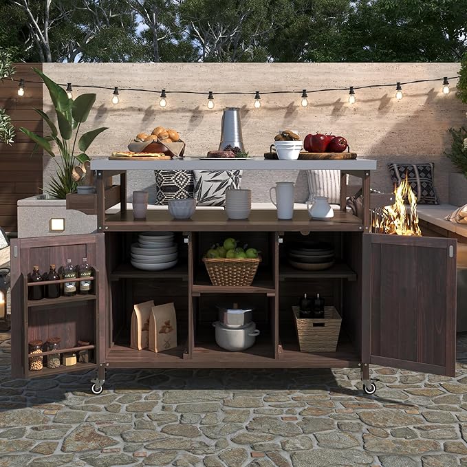 50.25" W Grill Cart with Stainless Steel Tabletop - Outdoor Storage Cabinet for BBQ, Bar Patio Kitchen Island with Ample Storage and Lockable Wheels