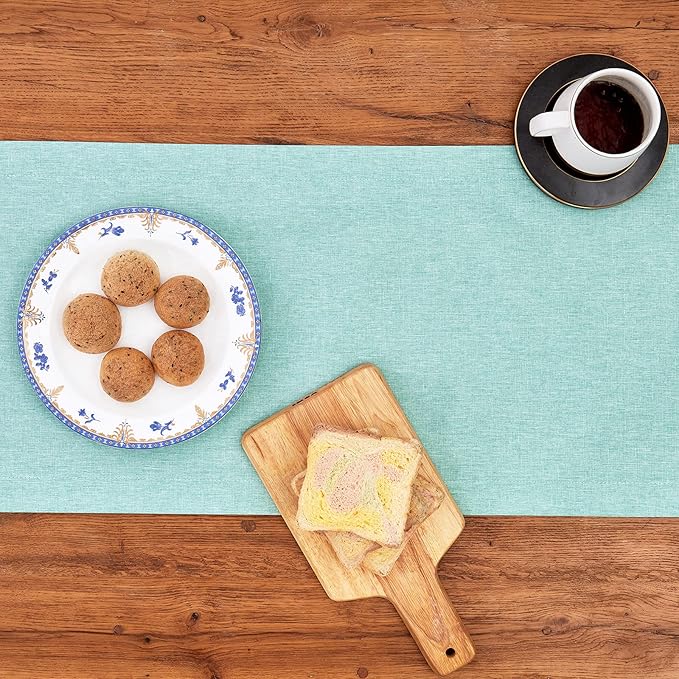 Mebakuk Linen Farmhouse Table Runner Large Burlap Style Soft and Waterproof Decorative Fabric Runner for Outdoor Wedding and Dinner (14 x 90 Inch, Turquoise Blue)
