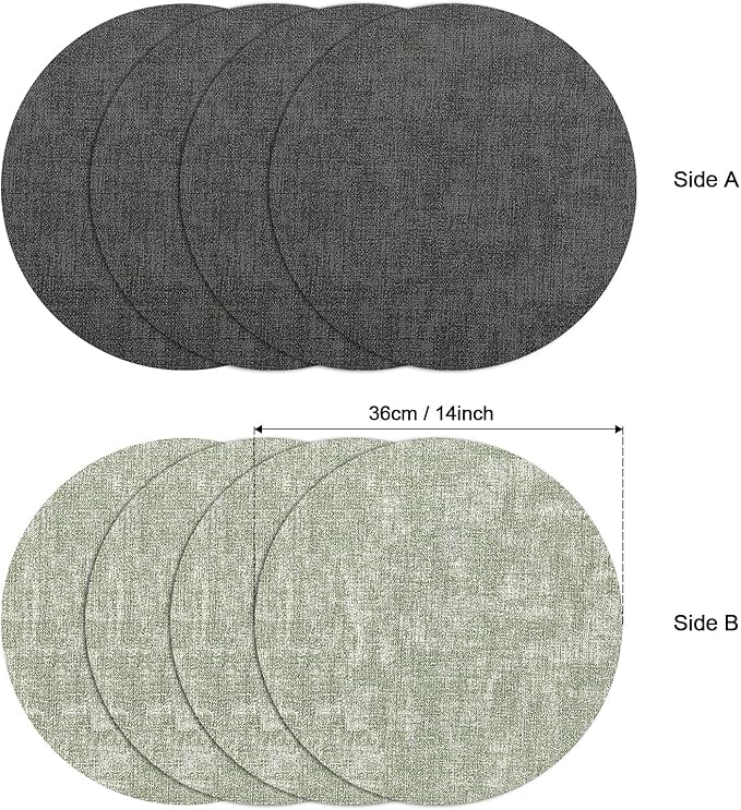 Myir JUN Round Placemats Dual Sided, Faux Leather Place Mats Set of 4 Indoor Placemat for Dining Table Outdoor Place mat Non-Slip Washable Table Mats (Gray Grass Green, Set of 4)