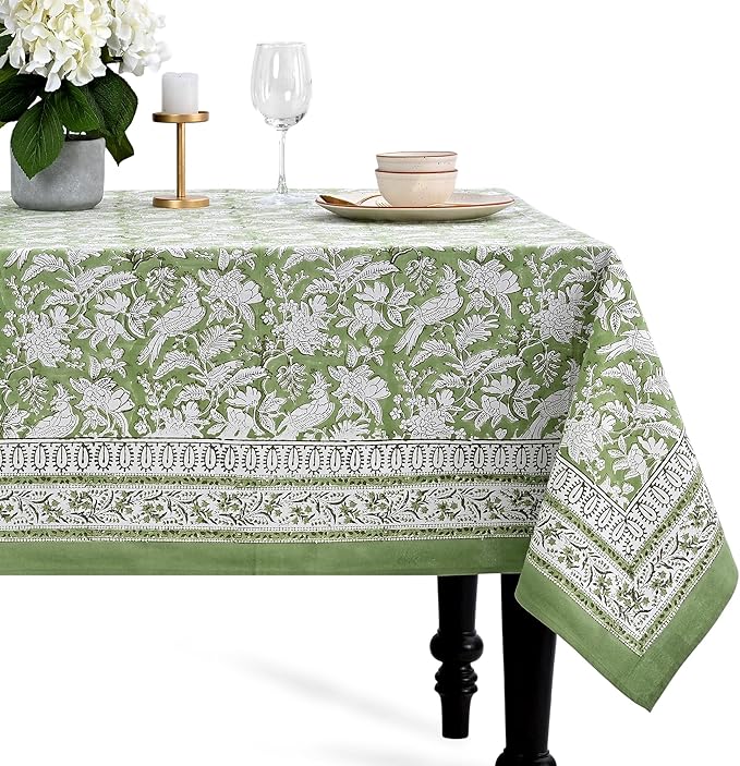 CPC Cotton Tablecloth 80x120 Inch Rectangle Indian Block Print Tablecloth- Green Washable Wedding Table Cover for Thanksgiving/Christmas- Olive Green