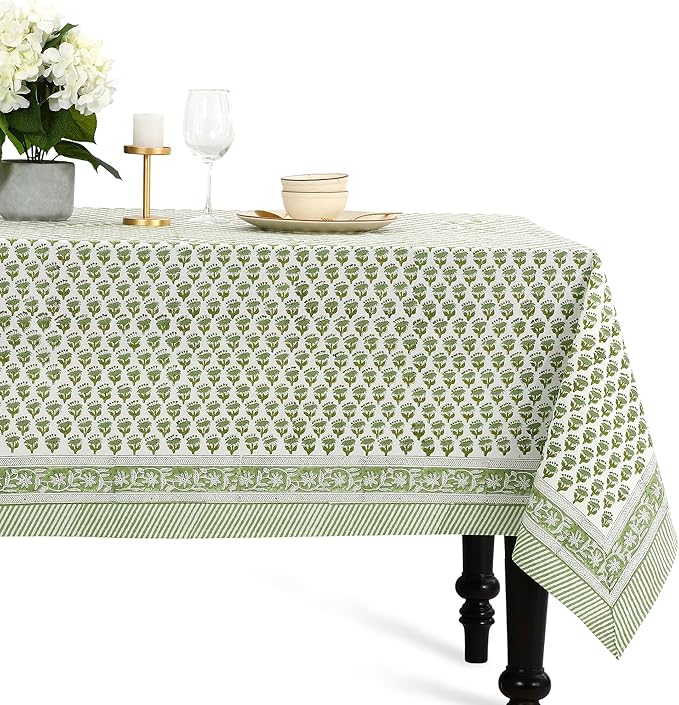 CPC Emerald Green Floral Hand Block Printed 100% Cotton Tablecloth 60x108 Rectangular Reusable and Washable Boho Dining Table Cloth Thanksgiving